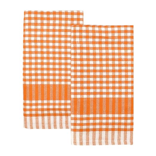 Talking Tables 2 x Orange Gingham Kitchen Tea Towels Table Linen Fabric Dish Cloths Large Checkered Cloth Napkins Absorbent Durable Soft Cotton Quick Drying, ECO Packaging 17 x 27 Inches