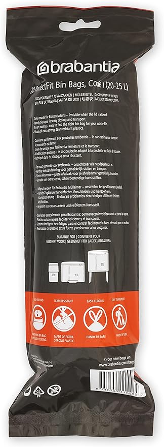 Brabantia PerfectFit Trash Bags (Size J/5.3-6.6 Gal) Thick Plastic Trash Can Liners with Drawstring Handles (120 Bags)