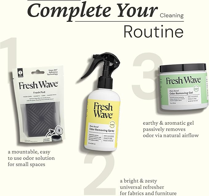 Fresh Wave Odor Removing Fresh Pod | 2 Refillable Fresh Pods & 2 Fresh Wave Packs | Safer Odor Relief | Natural Plant-Based Odor Eliminator for Small Spaces | Garbage Cans, Closets & Lockers