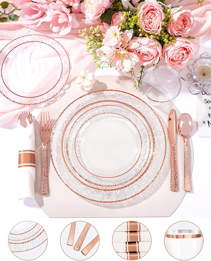 Ciaell 350PCS Rose Gold Plastic Plates - Clear Rose Gold Disposable Plates with Plastic Silverware include 100Plates, 150Silverware, 50Cups, 50Napkins for Wedding & Party