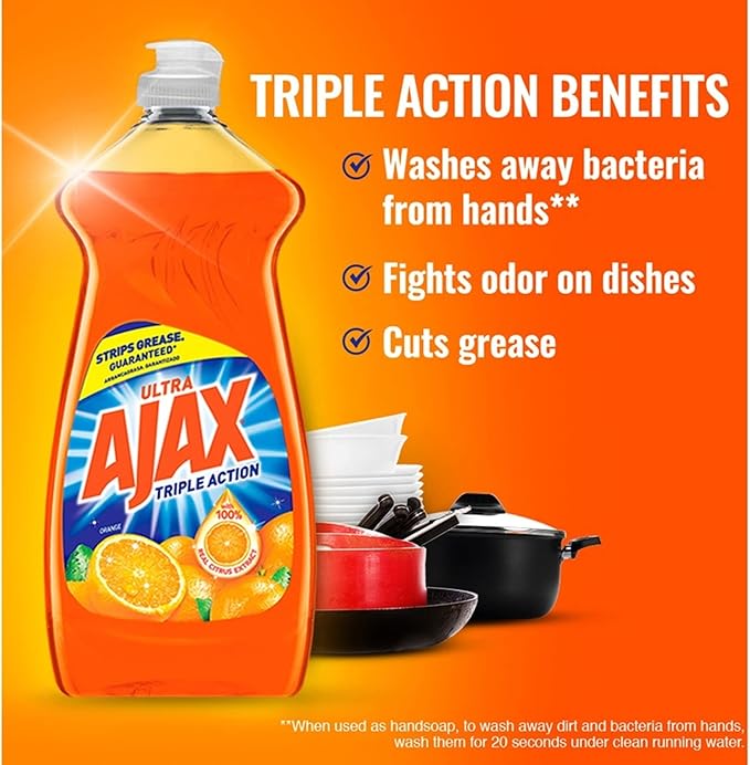 AJAX Ultra Triple Action Liquid Dish Soap, Orange Scent, 28 Oz, Case of 9 Bottles