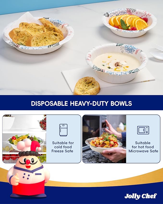 JOLLY CHEF 160 Count Paper Bowls 20 oz Soak Proof and Cut Proof Microwave Safe Heavy Duty Flower Printed Disposable Bowls Large for Dinner or Lunch