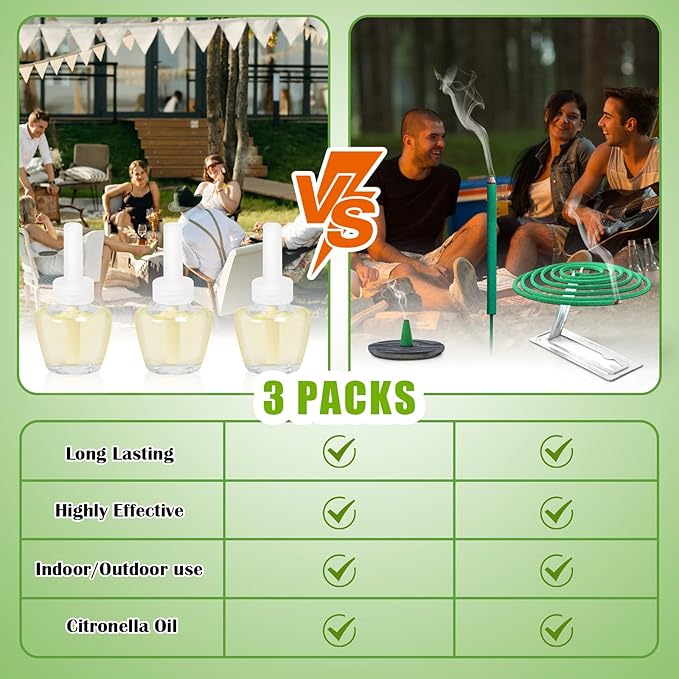 Plug In Air Freshener Refills for Home, Citronella Scent 3 Count, Wall Plug In Refills 1.98 Fl Oz, Compatible with Air Wick & Glade, Not for Glade Plus, Scented Refill for Indoor, Backyard, Camping