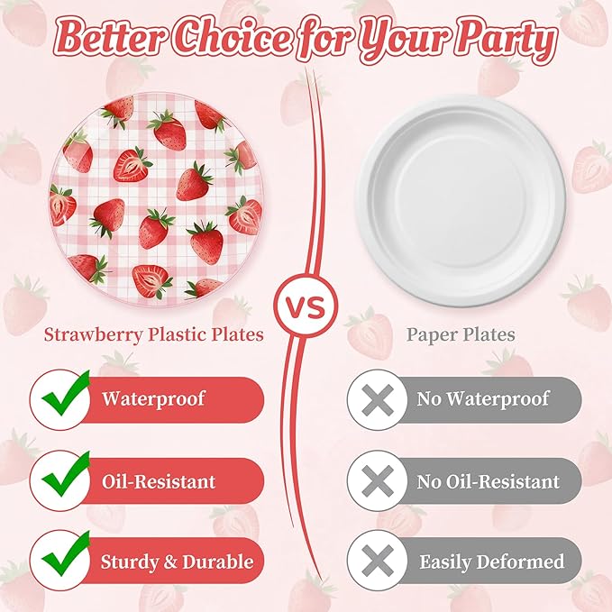 Liacere 32Pcs Strawberry Plastic plates - Strawberry Checkered Disposable Tableware - 16 Dessert Plates, 16 Dinner Plates, Ideal for Spring Picnics, Parties, Birthdays, and Gatherings
