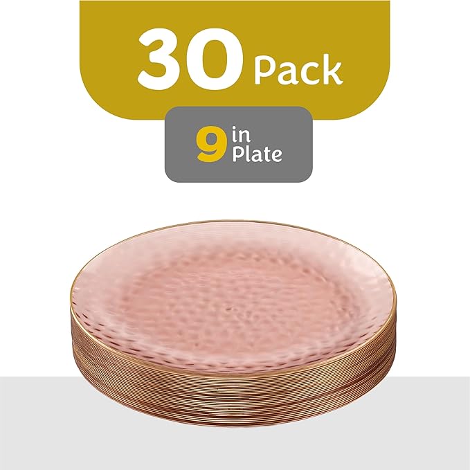PLASTICPRO 30 Pack Hammered Plastic Plates Heavyweight Disposable Plastic Plates Elegant Rose Color with Gold Rim Platsic Party Dishes (Hammered Rose With Gold Rim, 9'' INCH PLATES)