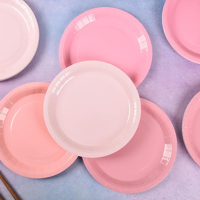 AimFun Gradient Pink Paper Plates 9 Inch Disposable Round Dinner Plates for Coquette Birthday Wedding Baby Bridal Shower Bow Christmas Party Supplies (24, Pink)