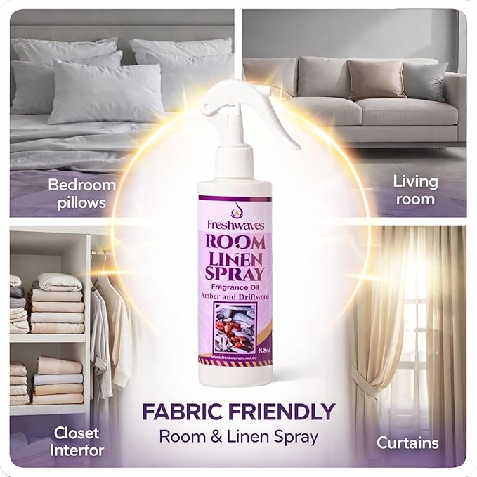 Freshwaves Room & Linen Spray | Amber & Driftwood Fragrance Oil | 8.8oz Air Freshener | Odor Eliminator for Living Room, Bedroom, Bathroom & Office | White Bottle