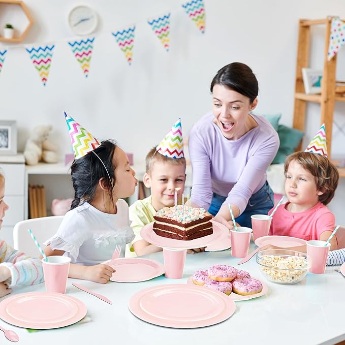 228PCS Pink Party Supplies Set Include Paper Plates Cups Pink Napkins Plastic Spoons Forks Knives for 30 Guests Disposable Party Dinnerware For Birthday Wedding Family Picnic