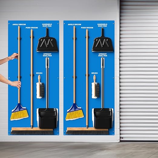 Clean & Sweep 5S Shadow Board/Wall Mount Broom Holder, 68" x 30" Board, 5S Cleaning Station - with Broom and Dustpan Set Included, Made in The USA by AccuformNMC, Blue/White, PSB116BUWT