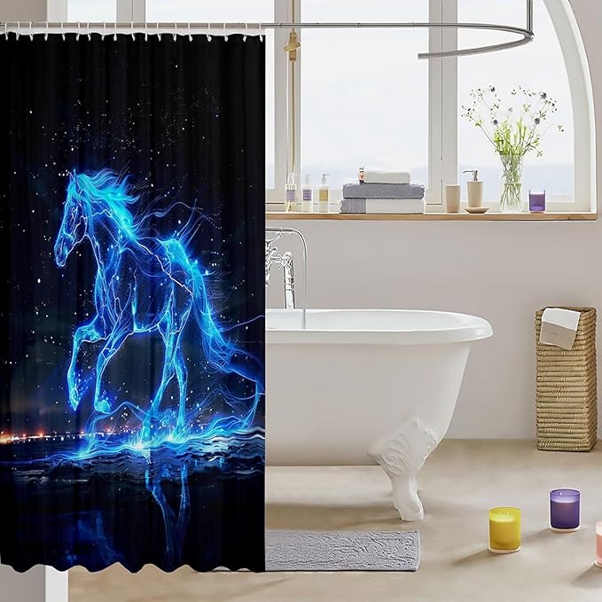 Blue Horse Waterproof Shower Curtains Luxury Heavy Fabric Bathroom Shower Curtain Lightning Horse Hotel Home Dorm Bathtubs Decor Shower Curtain Machine Washable Grommet Curtain 72 x 84 Inch