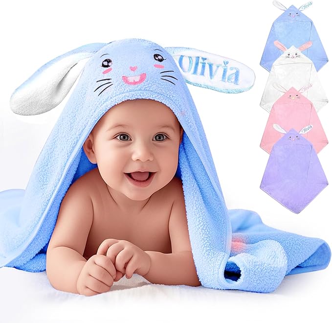 Baosity Custom Hooded Baby Towel with Name, Soft Absorbent Toddler Towel, Bunny Baby Bath Towels for Girls Boys, Personalized Easter Brithday Christmas for Baby, Toddler, Newborn Essential