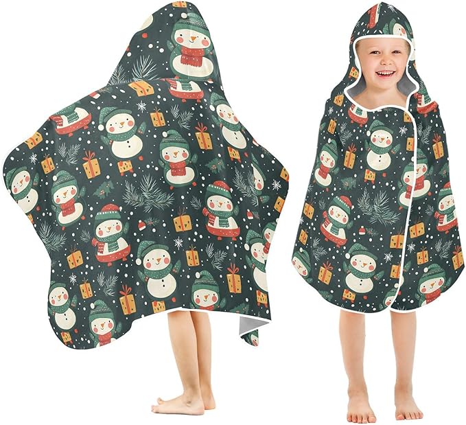 Kids Beach Towels Cartoon Cute Snowman Christmas Green Hooded Towels for Kids Absorbent Bath Towels with Hood