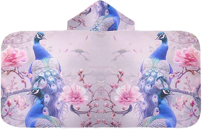 Hooded Towel for Kids A Pair of Pale Blue Peacocks Beach Wrap Bath Towels 50x23.5in