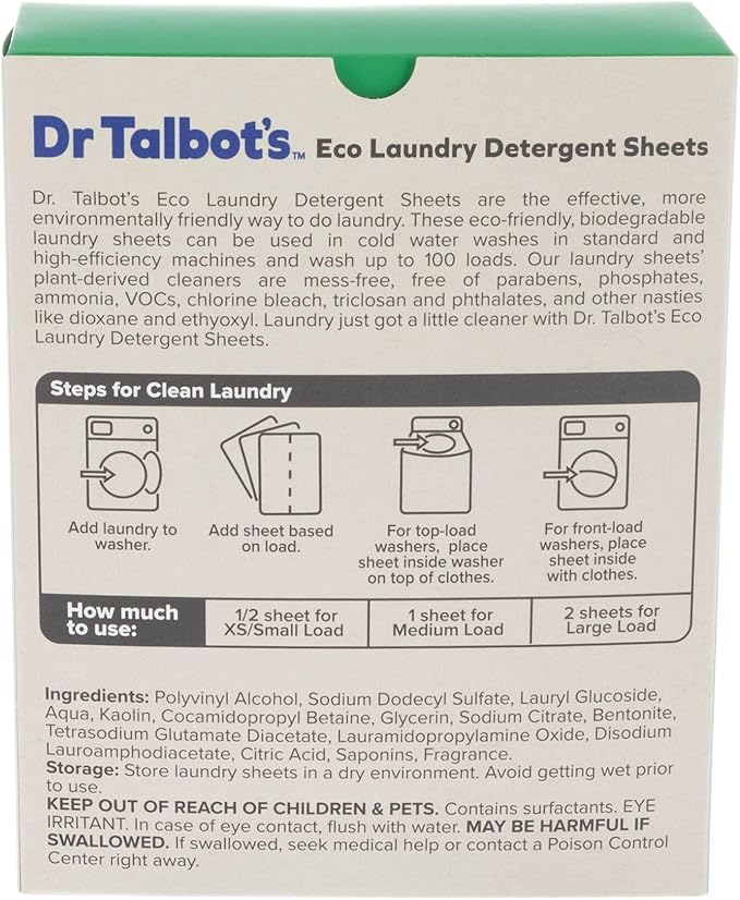 Dr. Talbot's Eco Laundry Detergent Sheets – Fresh Scent, Plant-Based, Biodegradable, No Harsh Additives, Dissolvable for Standard & HE Machines, 50 Sheets (Up to 100 Loads), Travel & Eco-Friendly