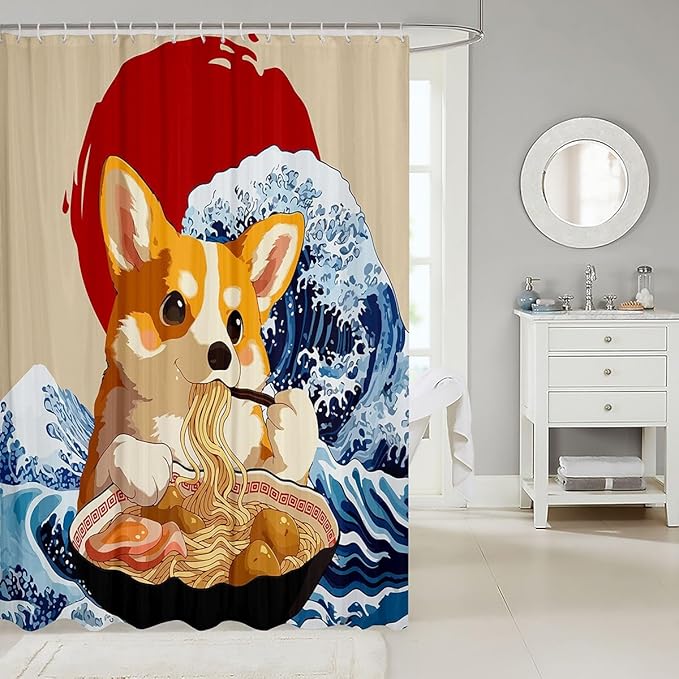 Japanese Corgi Dog Shower Curtain Set,Funny Dog Eat Noodles Bathroom Curtain ,Kids Girls Boys Japan Anime Sunset Wave Waterproof Curtains Cartoon Animal Bathtub Decor with 12 Hooks,72"W x 72"L