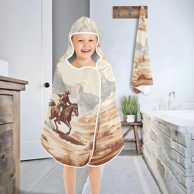 Vintage Western Cowboy Kids Bath Towel 24"x50" Soft Absorbent Hooded Towel for Kids Toddler, Wearable Wrap for Beach & Bath Time Fun