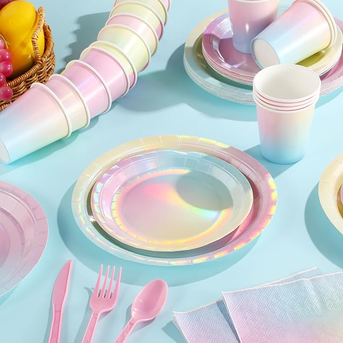 Iridescent Rainbow Party Decorations - Serve 25, Holographic Pastel Paper Plates and Napkins, Disposable Iridescent Rainbow Plates, Cups, Napkins for Girls Birthday, Wedding, Baby Shower
