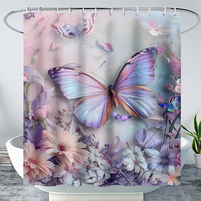 AILONEN Purple Butterfly 48" W x 72" H Shower Curtain - Romantic Floral Butterflies Bath Curtains for Women Girls - 3D Beautiful Flowers Bathroom Curtain + Plastic Hooks - Waterproof