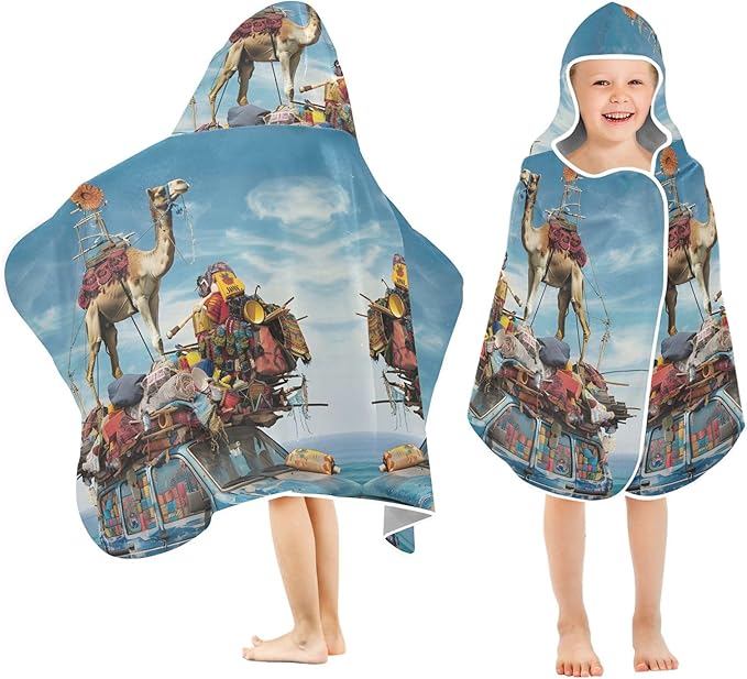 Hooded Towel for Kids Camel on Old Blue Car Beach Wrap Bath Towels 50x23.5in