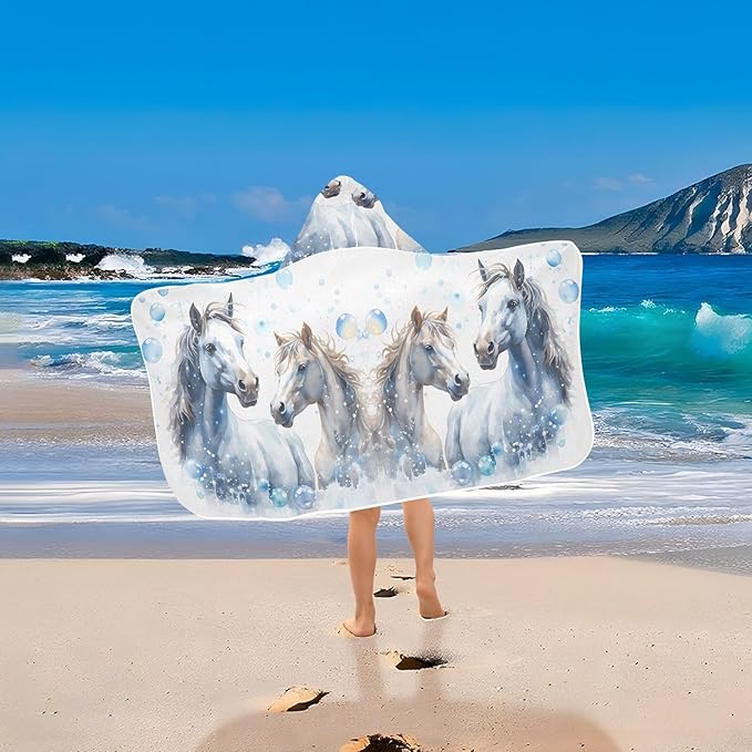 Hooded Towel for Kids Watercolor Horses Beach Wrap Bath Towels 50x23.5in