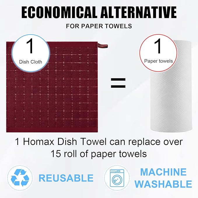 Homaxy 100% Cotton Terry Kitchen Dish Cloths, Ultra Soft and Absorbent Dish Towels for Kitchen, Suitable for Drying and Washing Dishes, 12 Pack, 12 x 12 Inches, Burgundy Red