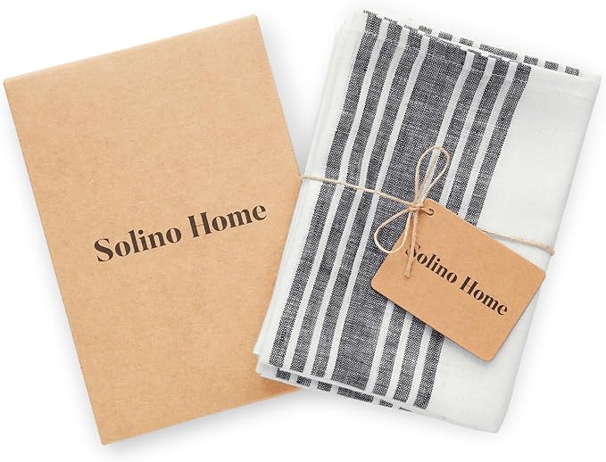 Solino Home Black and White Linen Kitchen Towels Set of 2-100% Pure Linen 17 x 26 Inch Farmhouse Tea Towels with Hanging Loop - European Flax Kitchen Dish Cloth - Quick Dry & Machine Washable
