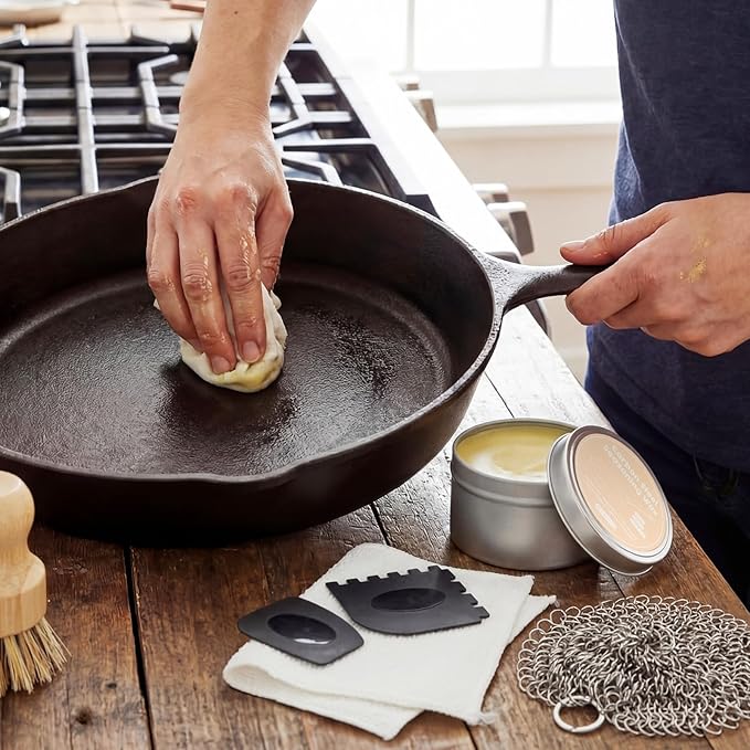 6 Pcs Cast Iron Cleaning Kit Includes Cast Iron Seasoning Wax, Chain Mail Scrubber, Cleaning Brush, Scrapers and Dish Towel Carbon Steel Care Set for Pan Grill Kitchen Supplies