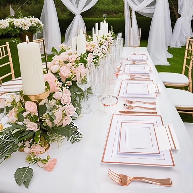 Festiva 350Pcs Rose Gold Plates and Napkins Party Supplies-Square White and Rose Gold Disposable Dinnerware include Plates Cups Cutlery Napkins for 50 Guests Wedding &Mother's Day&Birthday Party