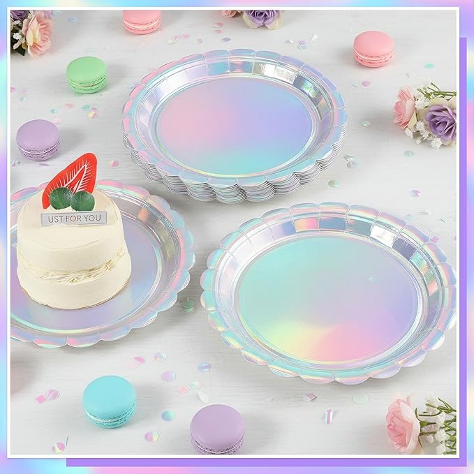 NatNarr 30 Pcs Iridescent Plates Disposable 9 Inch Scalloped Holographic Plates Sliver Birthday Cake Dessert Plate for 2026 Graduation, Mermaid, Disco, Unicorn Birthday