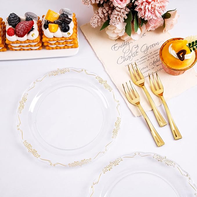 LIYH 200 Pcs Clear Gold Plastic Dessert Plates 7.5"and Cake Forks 5" - Clear Small Cake Plastic Plates and Gold Forks for Parties Wedding Birthday