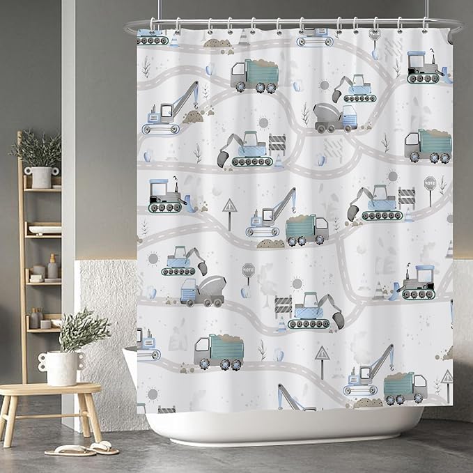 Excavator Kids Shower Curtain Sets Cartoon Construction Truck Tractor Car Bathroom Decor Fabric Polyester Waterproof 60x72 Inches with 10 Hooks for Boys Machinery Vehicle Bath Curtains