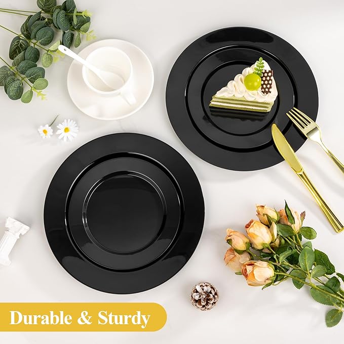 Goodluck 200PCS Black Plastic Plates, Heavy Duty Disposable Black Plates with 100 10.25 inch Dinner Plates and 100 7.5 inch Dessert Plates for Party, Holiday, Wedding
