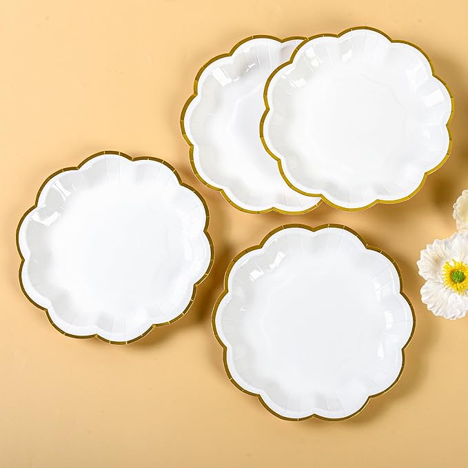 AimFun White Golden Party Plates Gold Foil Dessert Paper Plate 7inch Scalloped Edge Disposable Cake Plates for Tea Party Birthday Bridal Baby Shower Wedding Party Supplies (48, White)