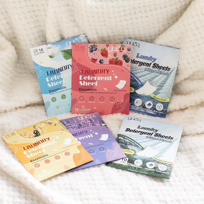 YUCO Travel Size Laundry Detergent Sheets 2 Pack of 5 Sheet, Envelope Pouch Travel Pack, for Clothing Deep Cleaning Grament Freshening, Hypoallergenic, Each 5 Sheets, Ocean and Mountain