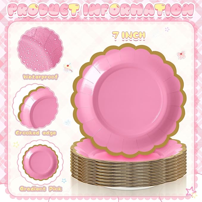 96 Pcs Valentine's Day Pink Paper Plates 7 Inch Scalloped Gradient Pink Disposable Dessert Plate for Coquette Bridal Wedding Galentines Birthday Baby Shower Party Supplies