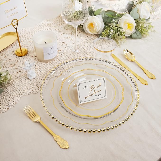 NOCCUR 50Guest Gold Rim Clear Plastic Plates&Disposable Silverware Cups-Include 100Plastic Plates, 150Gold Utensils, 50Cups and 50Napkins-Idea for Wedding/Party