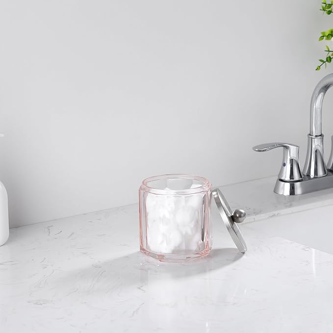 Blush Translucent Apothecary Octagional Shaped Glass Canister Jar With Metal Lid Cover for Bathroom Organization, Cotton Balls, Q Tips, and Small Accessories, Bathroom Storage