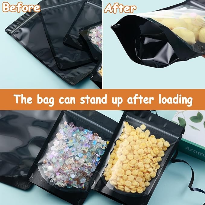 200 Mylar Bags for Food Storage 6X9 Mylar Bags with Window Large Candy Packaging Resealable Bags Black Stand Up Pouches Edible Packaging for Small Business