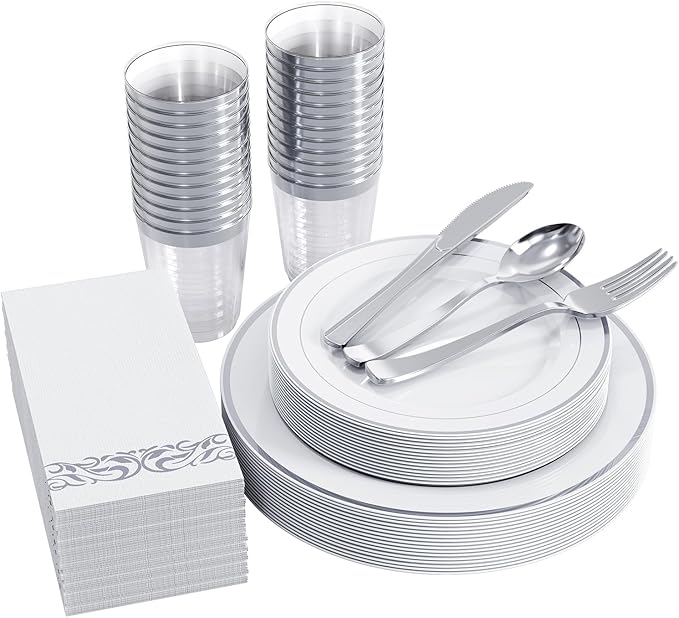 FOCUSLINE 175 Count Silver Dinnerware Set for 25 Guests - Silver Rimmed Disposable Plastic Plates Heavy Duty, Includes 25 Dinner & Salad Plates, Cups, Cutlery Set for Wedding Parties