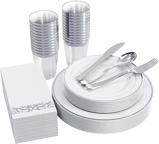 FOCUSLINE 175 Count Silver Dinnerware Set for 25 Guests - Silver Rimmed Disposable Plastic Plates Heavy Duty, Includes 25 Dinner & Salad Plates, Cups, Cutlery Set for Wedding Parties
