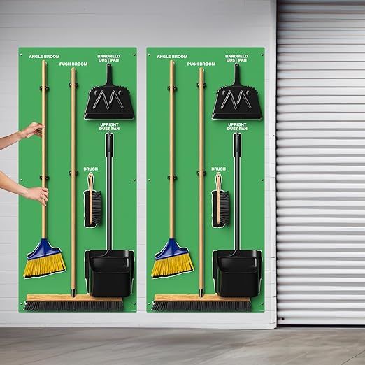 Clean & Sweep 5S Shadow Board/Wall Mount Broom Holder, 68" x 30" Board, 5S Cleaning Station - with Broom and Dustpan Set Included, Made in The USA by AccuformNMC, Green/Black, PSB616GNBK