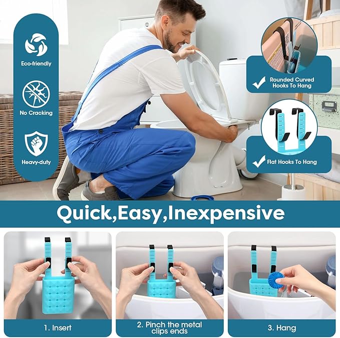 2Pcs Adjustable Toilet Tank Tablet Holder-Hanging Silicone Basket Carrier with Rustproof Hooks for Bowl Cleaner & Bleach Tablet Hanger Pouch Organizer, Accessory Fit Up to 7" Water Level