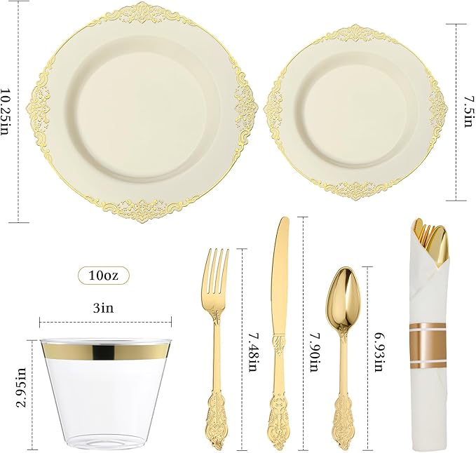 Bestluck 175PCS Ivory Plastic Plates for 25 Guests Disposable Dinnerware Sets Include 50 Plastic Plates, 25 Silverwares, 25 Cups, and 25 Pre Rolled Napkins for Party, Wedding and Graduation