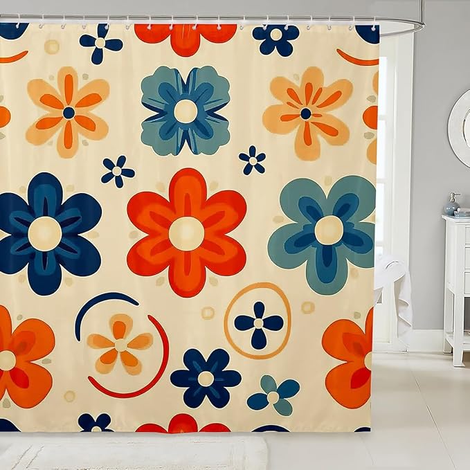 Retro Floral Bathroom Curtain 72"Wx72"L,Colorful Groovy Flower Bath Curtain for Kids Boys Girls,Bohemian Disco Aesthetic Style Shower Curtain Hippie Funky Decor Bathroom Decor Set Y2K Home Decor