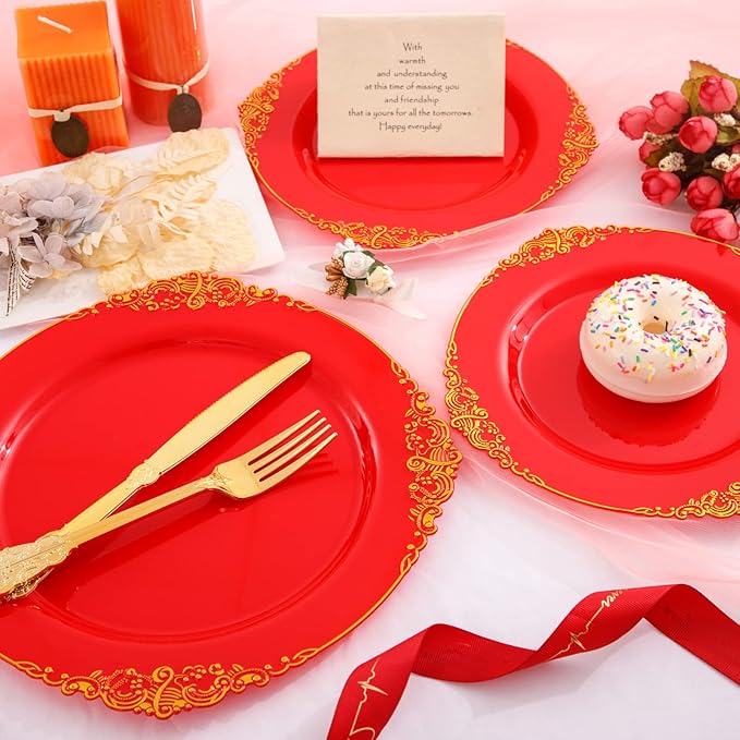 Morejoy 175PCS Red Plastic Plates,Red Disposable Plates With Gold Rim,Red and Gold Plastic Dinnerware Set Includes: 50 Plates,25 Silverware Sets,25 Cups,25 Napkins,Perfect for Party,Mother's Day