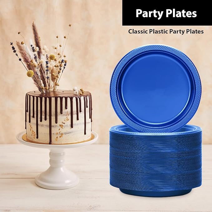Hanna K. Signature Blue Plastic Plates 7 Inch 600 Count – Heavy Duty Disposable Dessert Plates Bulk for Catering, Weddings & Events