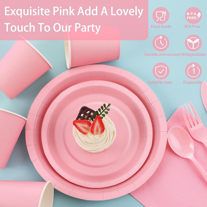 168PCS Light Pink Paper Plates and Napkins,Pink Disposable Plates Set with Utensils Serve 24 Guests for Baby Shower Graduation Valentines Day Party Decorations Party Supplies