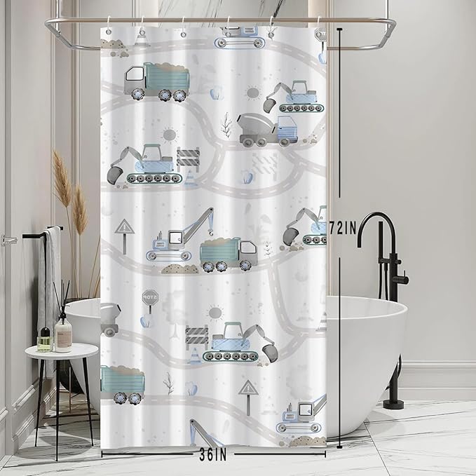Excavator Kids Shower Curtain Sets Cartoon Construction Truck Tractor Car Bathroom Decor Fabric Polyester Waterproof 36x72 Inches with 6 Hooks for Boys Machinery Vehicle Bath Curtains