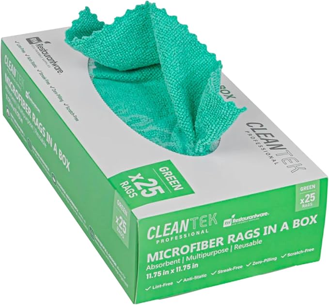 Restaurantware-Clean Tek Professional 11.81 x 11.81 Inch Microfiber Rags in a Box, 25 Absorbent Cleaning Cloths - No-Scratch, Green Microfiber Reusable Edgeless Cleaning Towels, Leaves No Streak