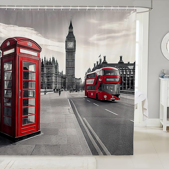 Famous Telephone Booth Bathroom Shower Curtain London Waterproof Kids Boys Girls The Big Ben Symbols Shower Curtain Accessories with Hooks UK Vintage Decor,72x78 Inches